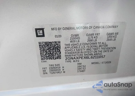 2020 Chevrolet Equinox Fwd Premier 2.0L Turbo z USA, uszkodzony, nr VIN 2GNAXPEX6L6211057